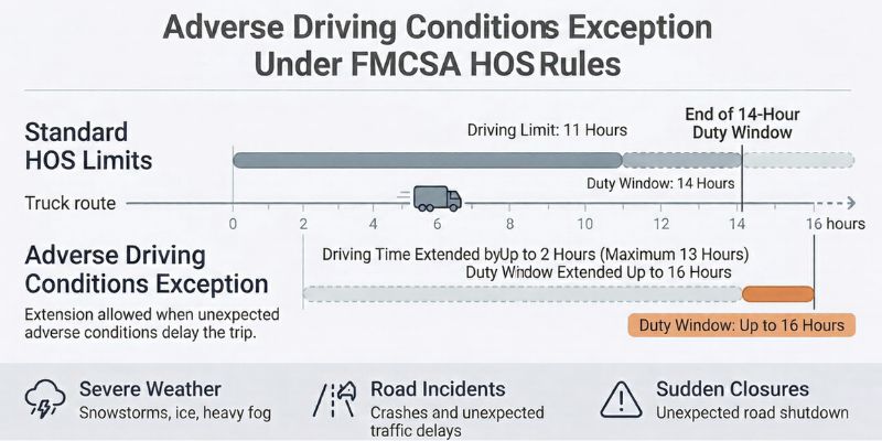 fmcsa adverse driving conditions HOS rule allowing 2 hour extension to driving and duty limits