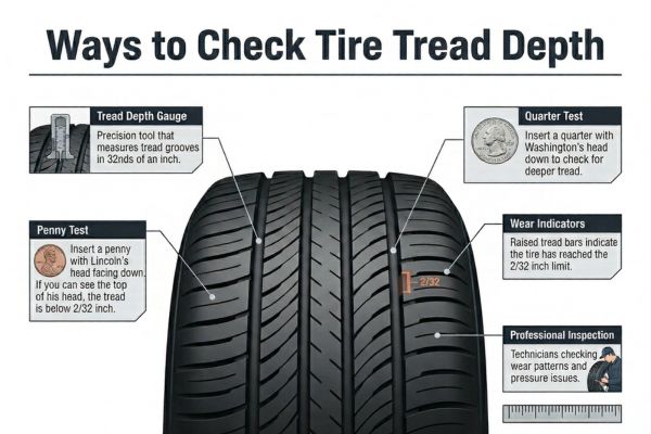methods to measure tire tread depth including tread gauge, penny test, quarter test, tread wear indicators, and professional inspection