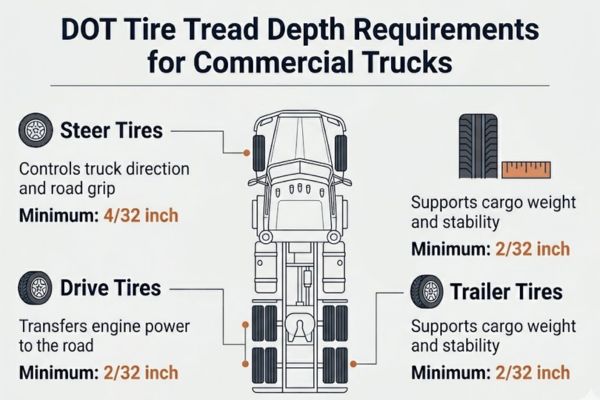 commercial truck tire tread depth infographic showing dot minimum 4/32 inch for steer tires and 2/32 inch for drive and trailer tires