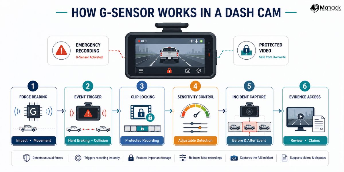 dash cam G-sensor workflow for impact detection and protected video recording