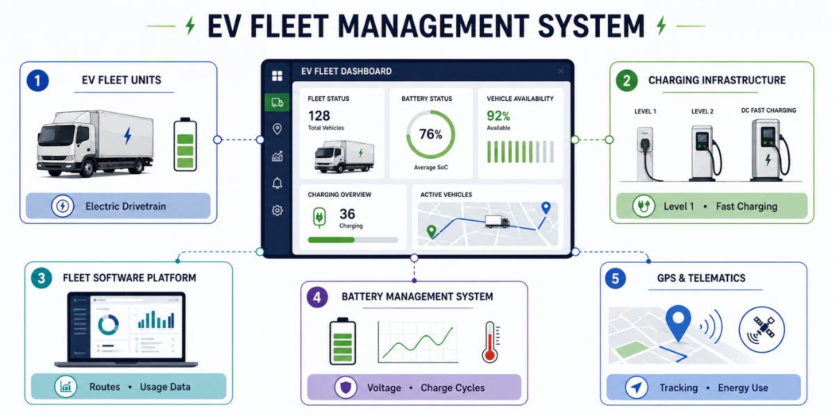 EV fleet management dashboard with charging, telematics, and battery monitoring systems