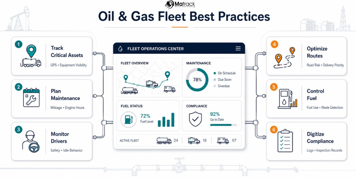 oil and gas fleet dashboard for assets, fuel, routes, and compliance