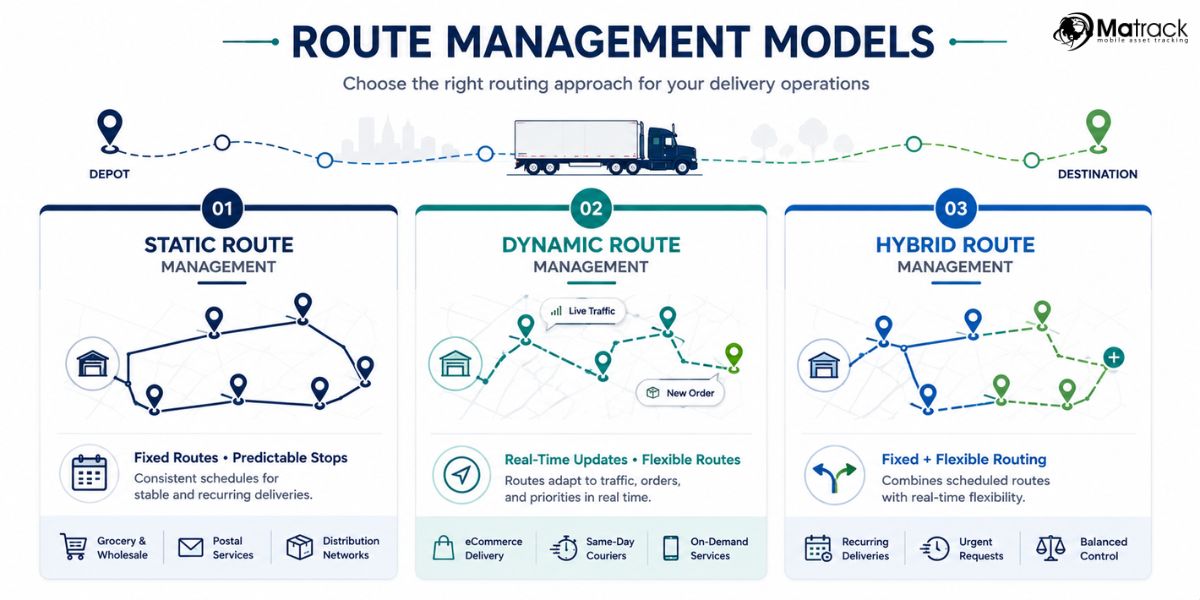 static dynamic and hybrid route management system comparison chart