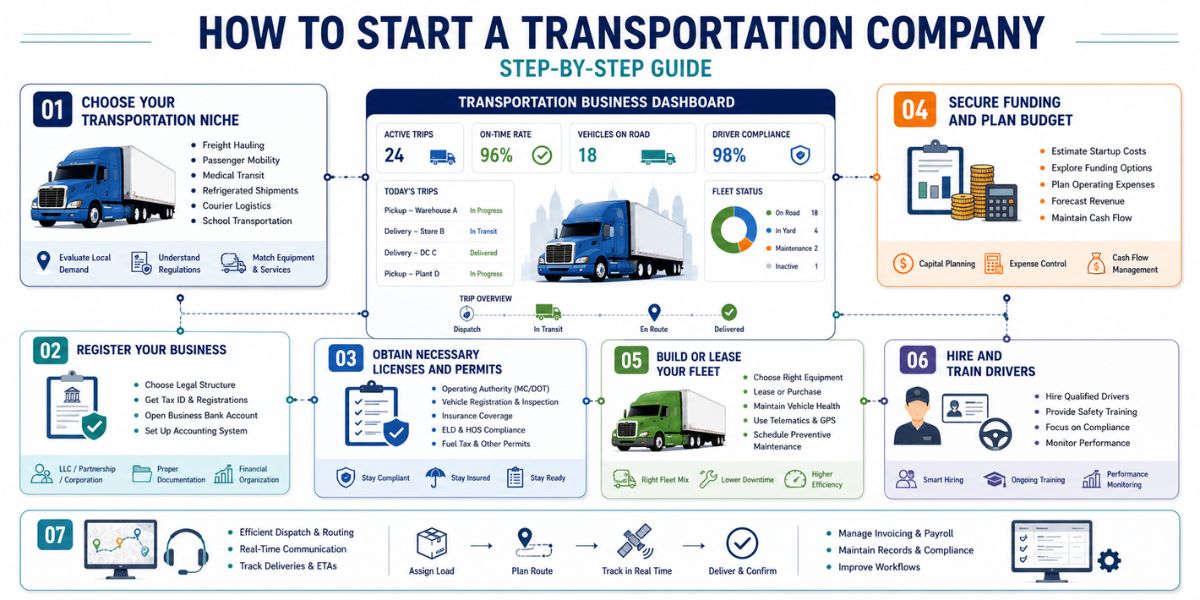 transport business launch roadmap showing key startup stages