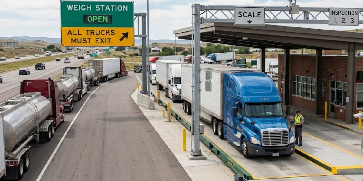 commercial truck entering a highway weigh station for inspection