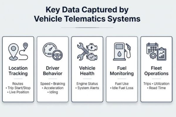 vehicle telematics data infographic showing driver behavior, location tracking, vehicle performance, fuel usage, and fleet metrics