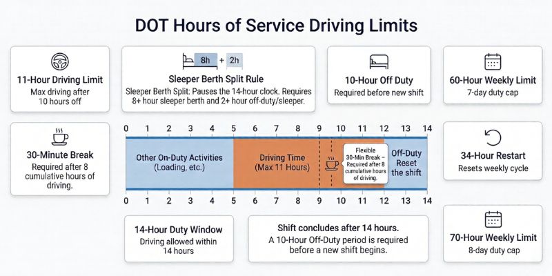 dot hours of service limits showing 11 hour driving limit 14 hour duty window 30 minute break and weekly driving limits for truck drivers