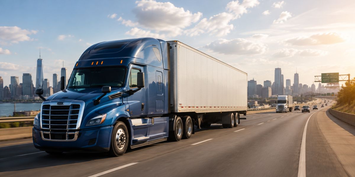blue american semi truck hauling freight trailer on a u.s. highway